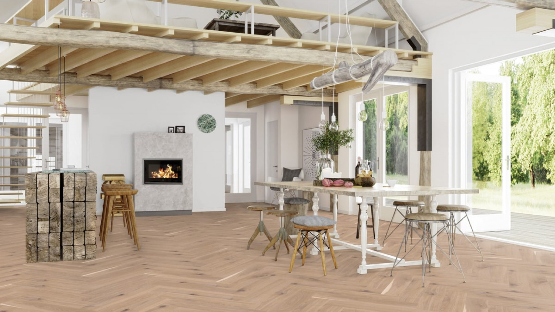 Boen Click Herringbone Oak White Vivo Brushed Parquet