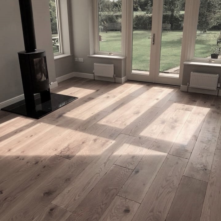 Installed using Hamiltons Woodland Robusta Oak Norwich 20mm Engineered Oak Planks Aged and Distressed Hardwax Oil